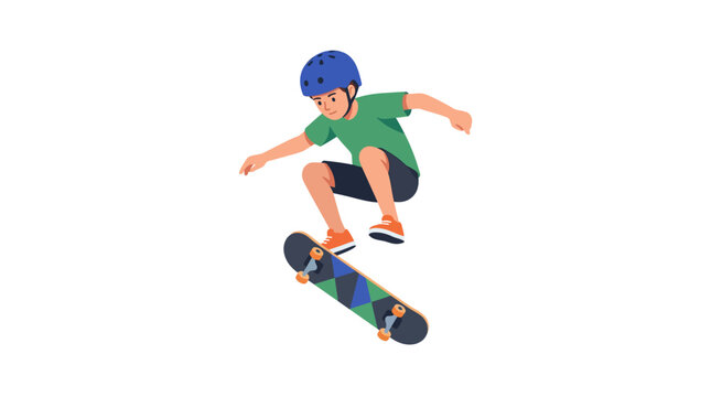 Athletic teenage boy jumping high while performing a kickflip on a skateboard flat vector illustration.