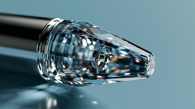 Close-up of a luxurious diamond-encrusted pen tip against a blue background