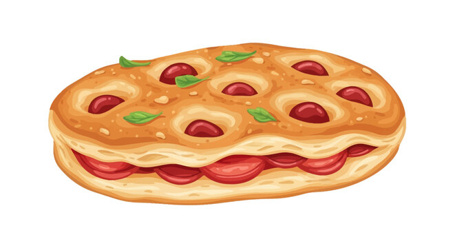 Vector illustration of Genovese focaccia flatbread sandwich with sliced tomatoes, red olives, and fresh basil leaves, isolated on a white background.