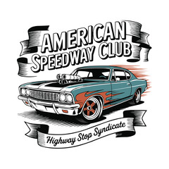 Fototapeta premium Vintage american speedway club muscle car graphic with ribbon banner design
