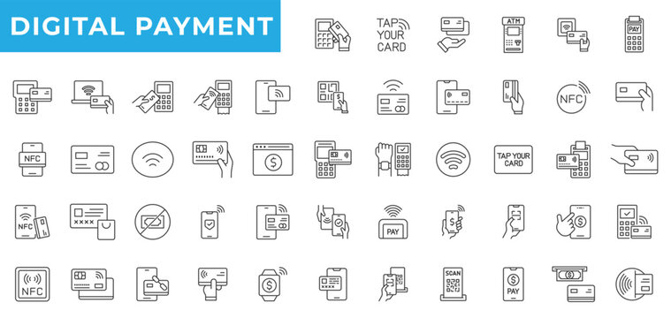 Digital payment line icon set with editable stroke. NFC, smartphone, contactless card, e-wallet, online banking and money transfer outline icons set