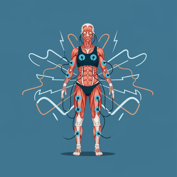 Anatomical vector illustration of a female figure showing detailed muscle groups with EMS electronic muscle stimulation pads and wires attached, featuring electric wave graphics on a blue background.
