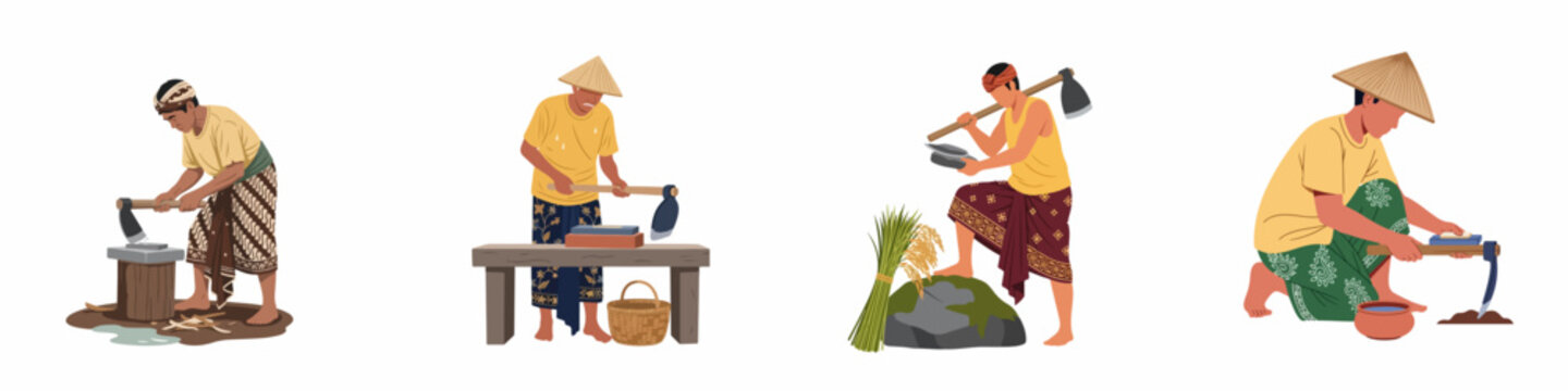 Illustrations of traditional Asian farmers sharpening their hoes with whetstones, depicting rural agricultural life and cultural heritage.