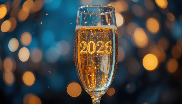 Elegant champagne glass filled with bubbly liquid displaying the bright golden year twenty twenty six text