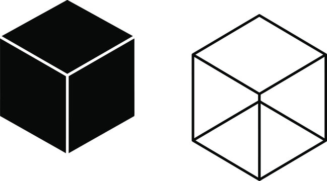 Two clean black and white isometric cubes displayed as a solid shape and wireframe outline