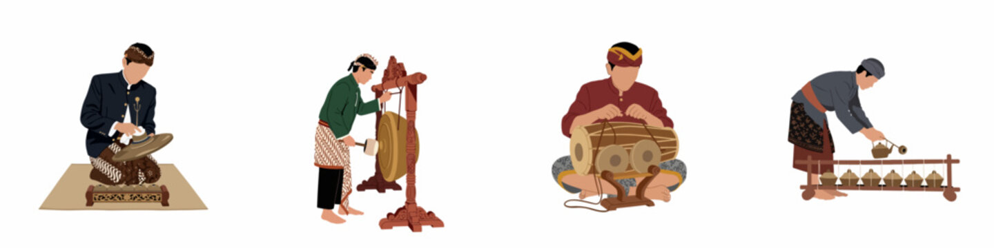 Set of traditional Indonesian gamelan musicians in ethnic costumes playing instruments like gong, drum, and metallophone isolated on white background