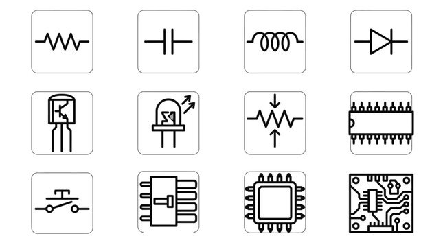 Electronic circuit board symbols icons.