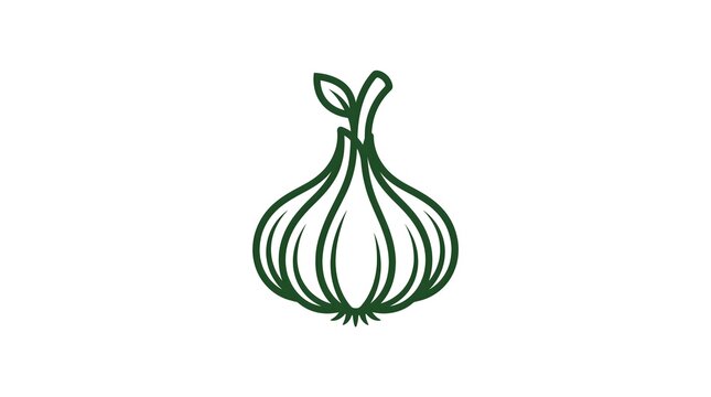 Minimalist vector illustration of a garlic bulb in a clean dark green line art style