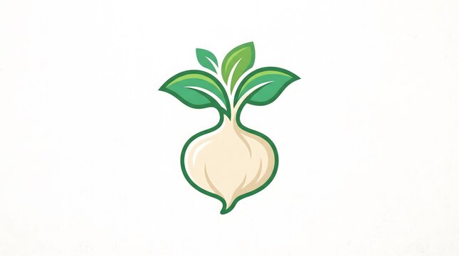 A minimalist vector logo design of a white root vegetable, resembling a radish or turnip, featuring vibrant green leaves sprouting from the top.