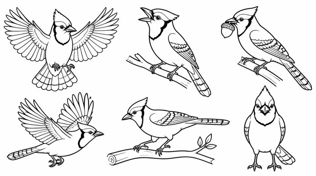 Blue Jay Bird Set in Various Poses, Outline Illustration