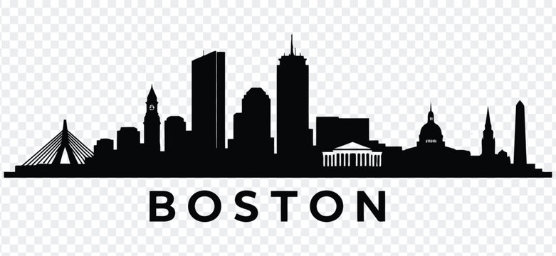 Boston city skyline silhouette with famous landmarks and text