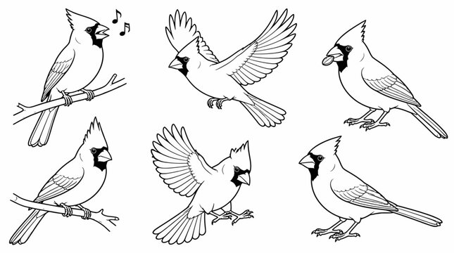 Set of Northern Cardinal birds in various poses, line art illustration
