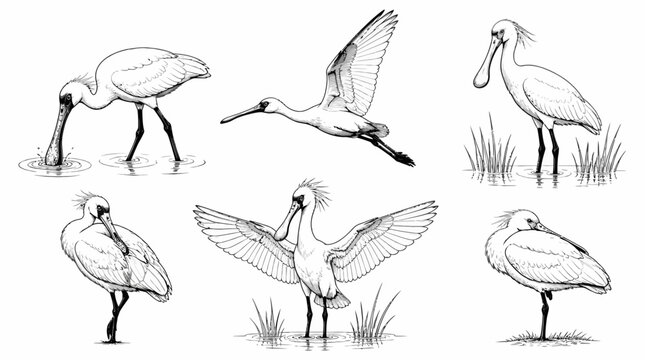 Eurasian Spoonbill Collection, Hand-Drawn Black and White Illustrations