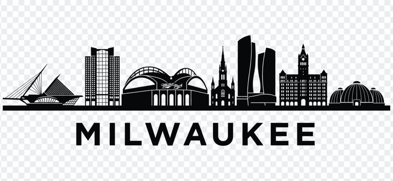 Milwaukee city skyline silhouette with famous landmarks and text