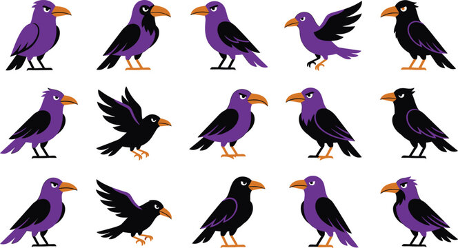 Collection of stylized black and purple ravens in various poses vector illustration