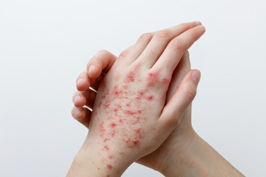Red bumps fluid blisters, sores on person hand skin. Patient with viral infection chickenpox, pox, shingles or dermatitis. Monkey Pox MPOX disease symptom sign. Marv Painful rash, spots close up body