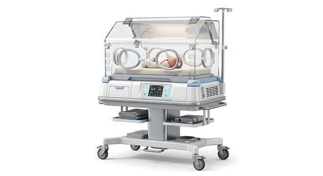 Newborn baby in an incubator unit.