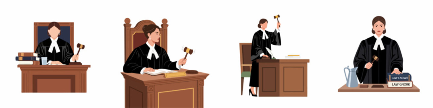 Set of four illustrations of a female judge in a courtroom wearing traditional black robes and holding a wooden gavel, representing law and justice.