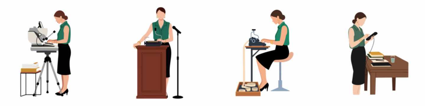 Flat illustration set of a professional female stenographer or court reporter working in various office and courtroom environments with specialized equipment.