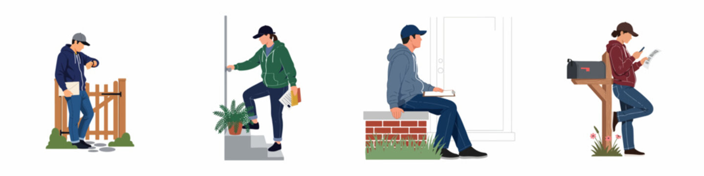 Flat vector illustrations of delivery and postal workers in various activities like waiting, climbing stairs, sitting, and checking mail.
