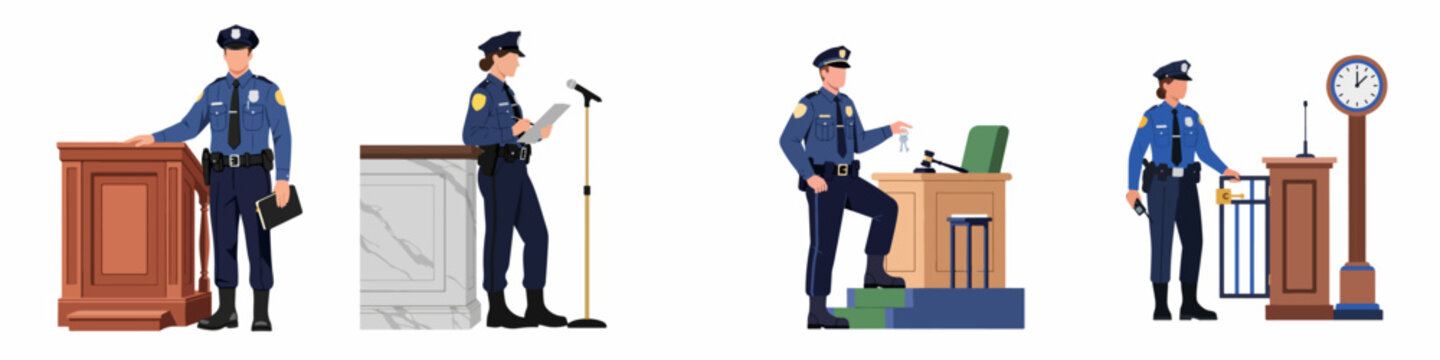 Vector illustration of police officers in various courtroom roles including giving testimony, security, and bailiff duties in a flat design style.