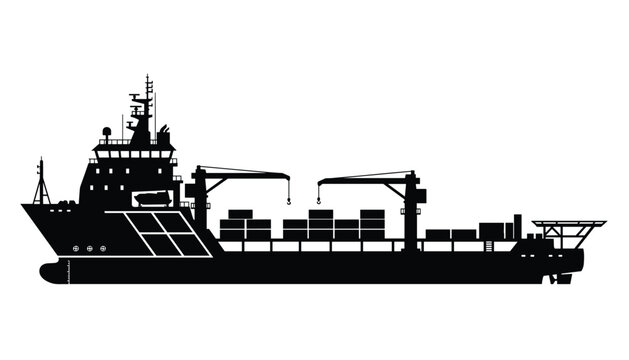 Detailed black silhouette of a large industrial cargo vessel with cranes and shipping containers representing global shipping and logistics.