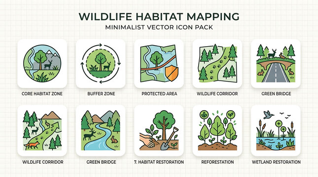 Wildlife conservation efforts illustrated through various natural habitat icons and symbols effectively