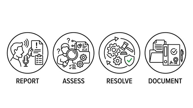 Business process management illustration with report assess resolve document icons