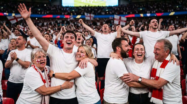 English football fans celebrating victory together in stadium stands wearing white shirts