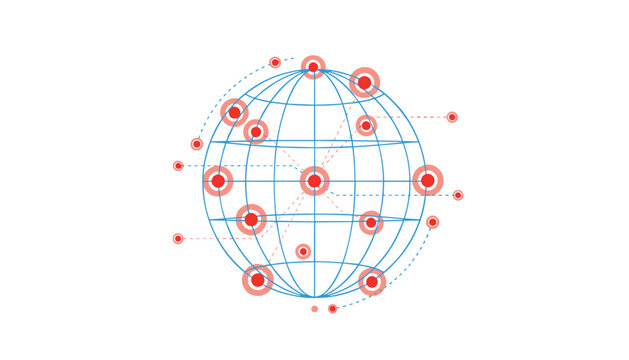 Digital globe with global network connection points and data nodes representing worldwide communication and internet connectivity in a tech graphic.