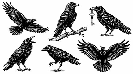 Fototapeta premium Set of hand-drawn ravens in various poses, mystical black bird art