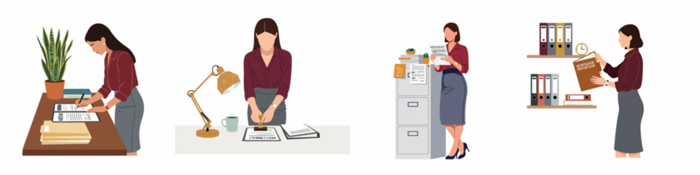 Set of illustrations showing a professional businesswoman processing mortgage documents, signing, stamping, reading, and filing paperwork in an office environment.