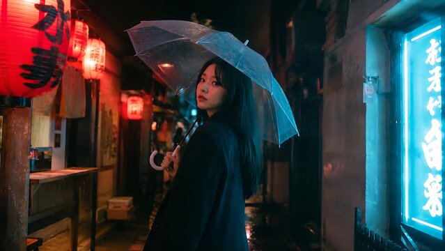Mysterious Woman with Transparent Umbrella Walking Through Neon Lit Urban Japanese Alleyway