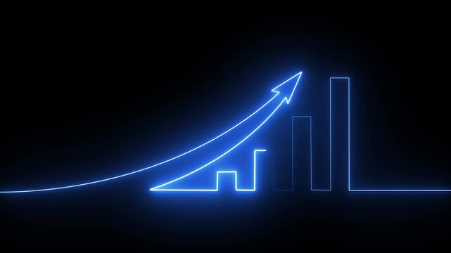 Blue neon glowing bar chart showing financial growth with upward arrow on black background
