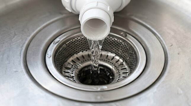 A close up view of clear water flowing from a white plastic pipe into a stainless steel kitchen sink drain with a metal strainer and basin surface