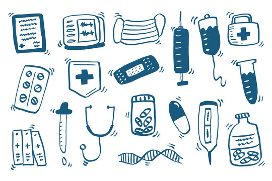 Hand Drawn Medical Doodle Icon Set with Healthcare Equipment and Medicine Sketch Illustration