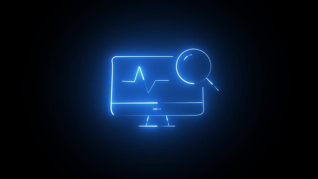 Glowing blue neon monitor icon with a heartbeat pulse and a magnifying glass symbol