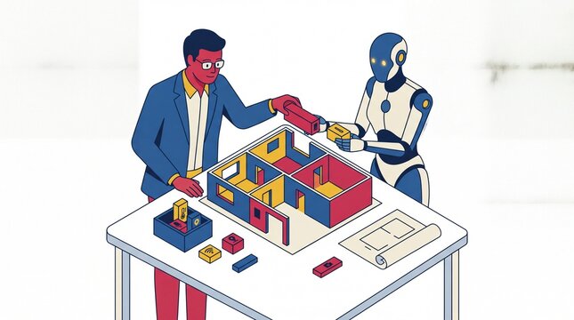 AI-powered architectural design, a human architect collaborating with a robot on a 3D house model, innovative construction planning, future of building technology and smart home development