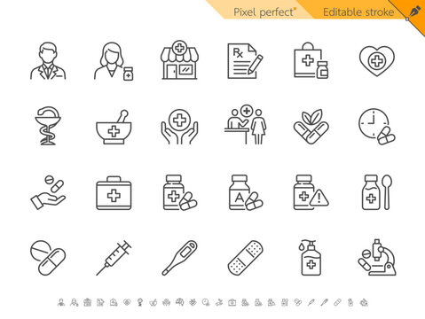 Pharmacy line icon collection. Pixel perfect. Editable stroke.