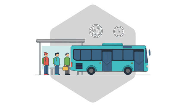 Commuters standing at a bus stop waiting for public transportation to arrive at the designated urban station for daily travel and city transit service.