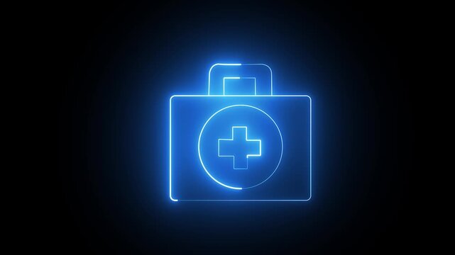 Glowing blue neon medical first aid kit icon on a black background