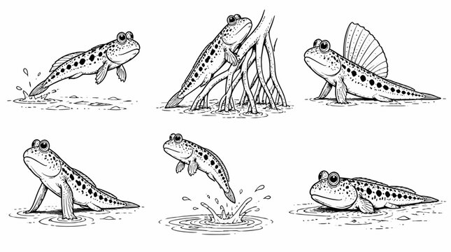 Mudskipper Fish Set in Various Actions, Hand-Drawn Black and White Art