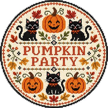 Halloween cross stitch pattern with black cats, jack o lanterns and text Pumpkin Party, autumn leaves embroidery design in a circular frame, spooky holiday needlework illustration