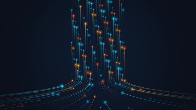 Glowing Data Flow Trails Converge in Dark Digital Landscape with Technology