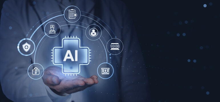 AI healthcare interface glowing over doctors hand with futuristic medical icons and digital connections illustrating modern medical technology.