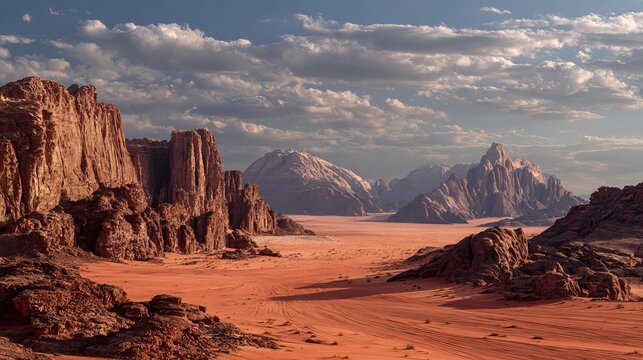 Red mars-like landscape in wadi rum desert, Jordan, dramatic sandstone formations and arid desert scenery used as a filming location for science fiction movies