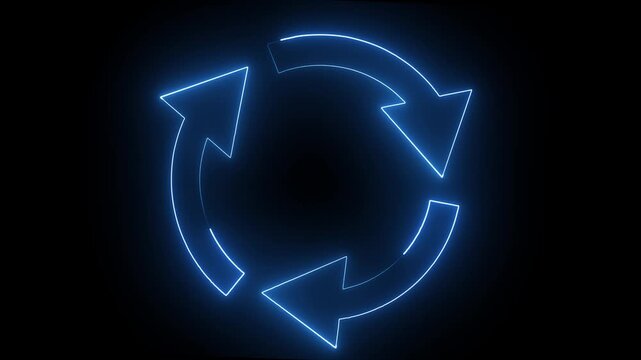 Blue neon circular arrows rotating endlessly in dark space representing recycling and process