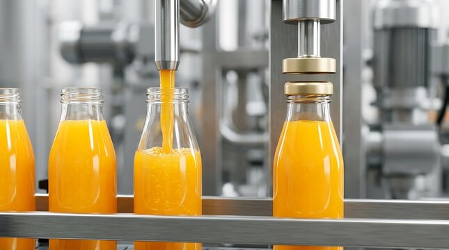 Automated industrial bottling machine filling glass bottles with fresh orange juice on a production line in a modern food processing factory