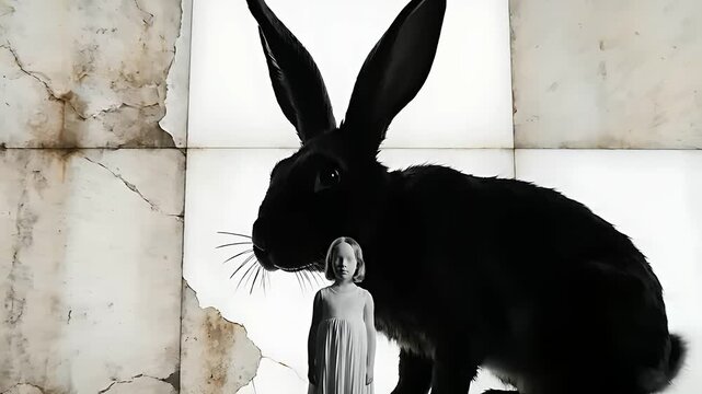 Small girl in white dress standing beside a giant black rabbit in a dark room. Surreal dreamlike scene featuring a child and a monstrous hare. Fantasy art and psychological horror concept.