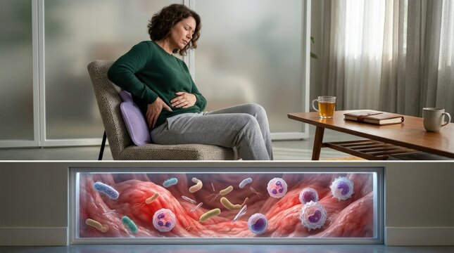 Bladder infection concept: cystitis ailment, urinary discomfort, painful urination, bladder inflammation, internal irritation, microbe invasion, body defense, suffer distress, health issue.